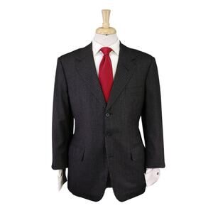 Edgar Pomeroy Bespoke Black Striped Wool Fleece Handmade Suit 38S